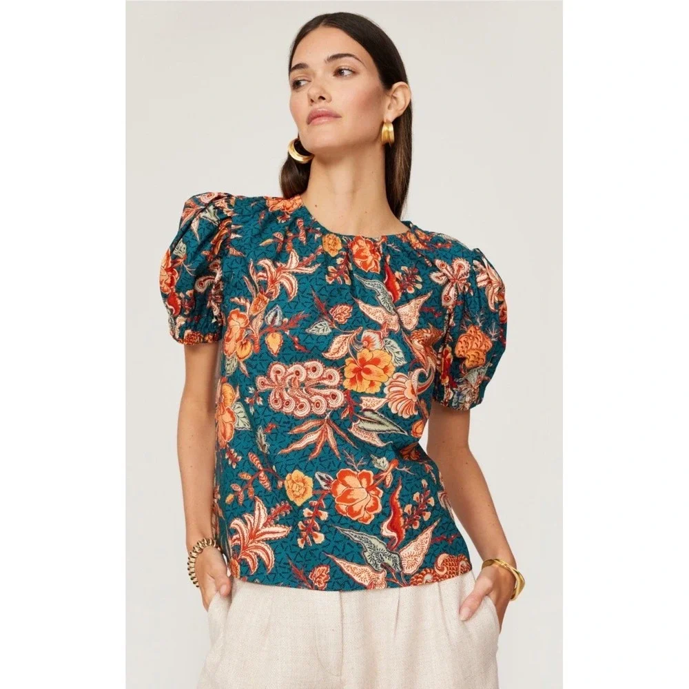 Ulla Johnson Frances Top Teal Floral Batik Puff Sleeve Cotton Blouse‎ Size 4
